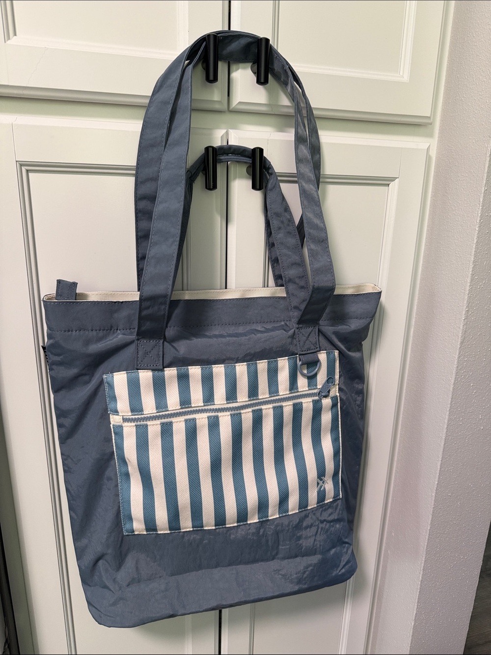 “Thread” Blue Striped Front-Pocket Tote Bag in fresh French blue 17x17x4”